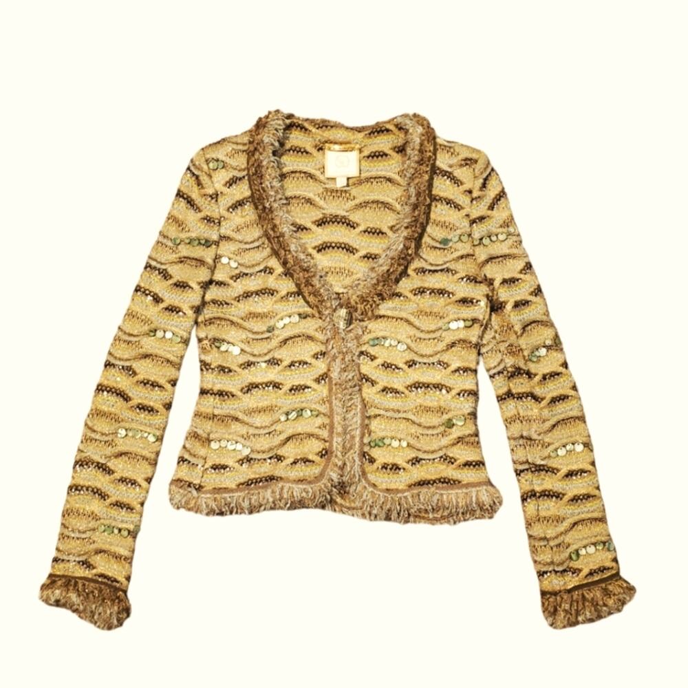 St. John Gold and Brown Cropped Knit Blazer with Sequin Detail